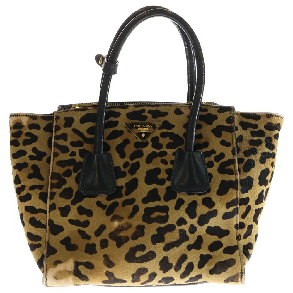 PRADA Bag Handbag Shoulder Brown Black Leopard Calf Hair